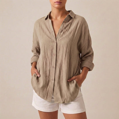 Linen Longline Shirt Relaxed Fit Pleated Button Up
