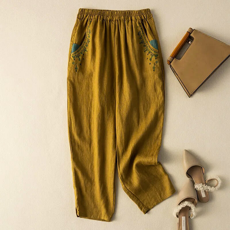Linen Harem Pants Relaxed Fit Ankle Length Embroidered
