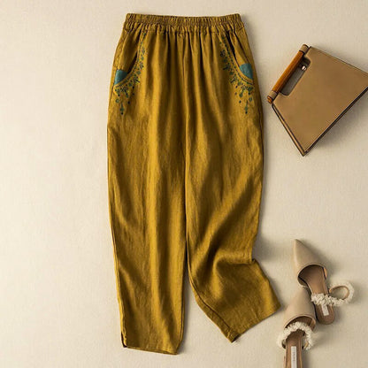 Linen Harem Pants Relaxed Fit Ankle Length Embroidered