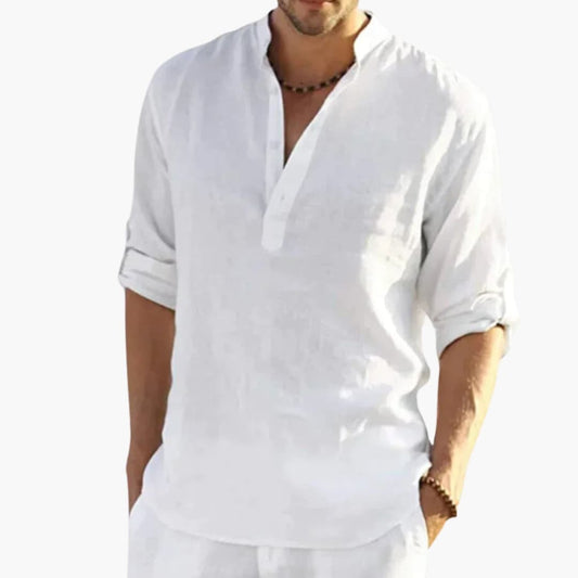 Men's Roll Up Sleeve Shirt Mandarin Collar Cotton