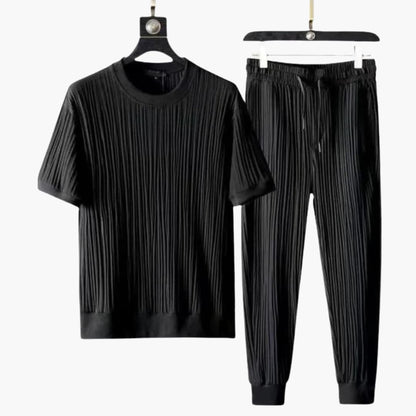 Men's Pleated Jogger Set Short Sleeve T-Shirt Drawstring Pants