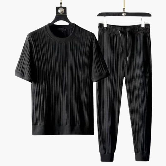 Men's Pleated Jogger Set Short Sleeve T-Shirt Drawstring Pants