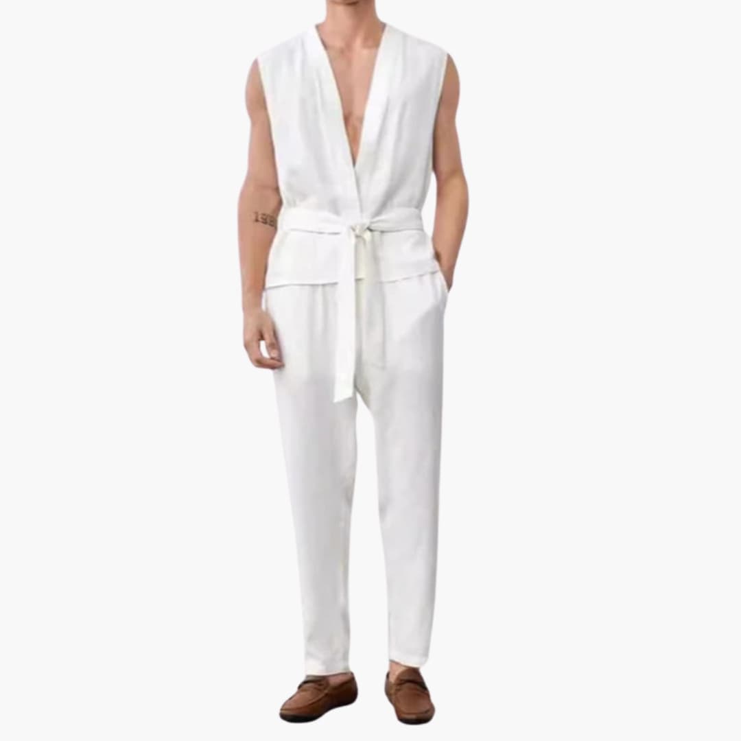 Men's Sleeveless Summer Set V-Neck Belted Pants
