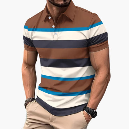 Men's Polo T-Shirt Striped V-Neck Cotton