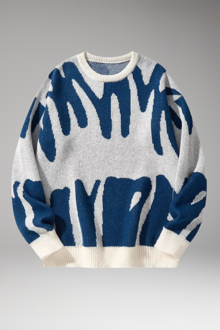 Men's Abstract Print Sweater Ribbed Details