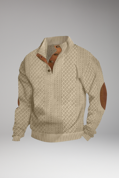 Men's Crew Neck Sweater Elbow Patches Button Front