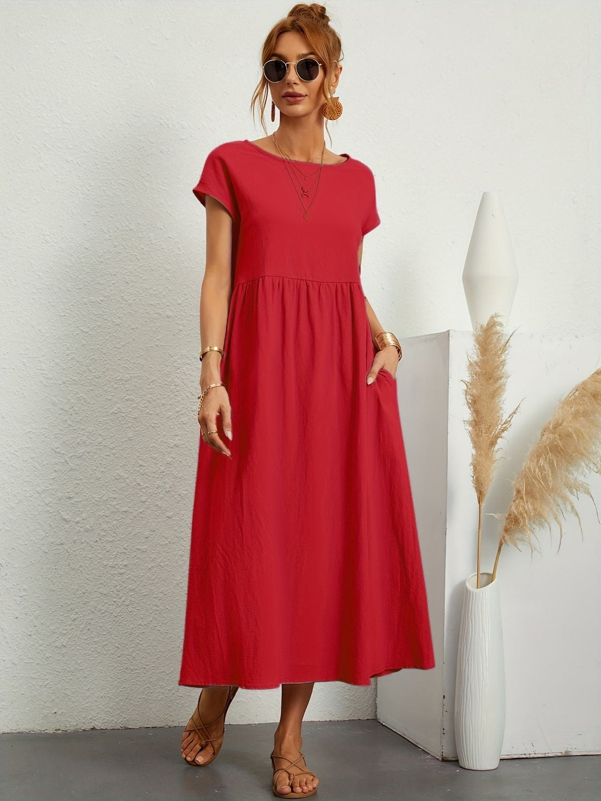 Women's Midi Dress Short Sleeves Side Pockets