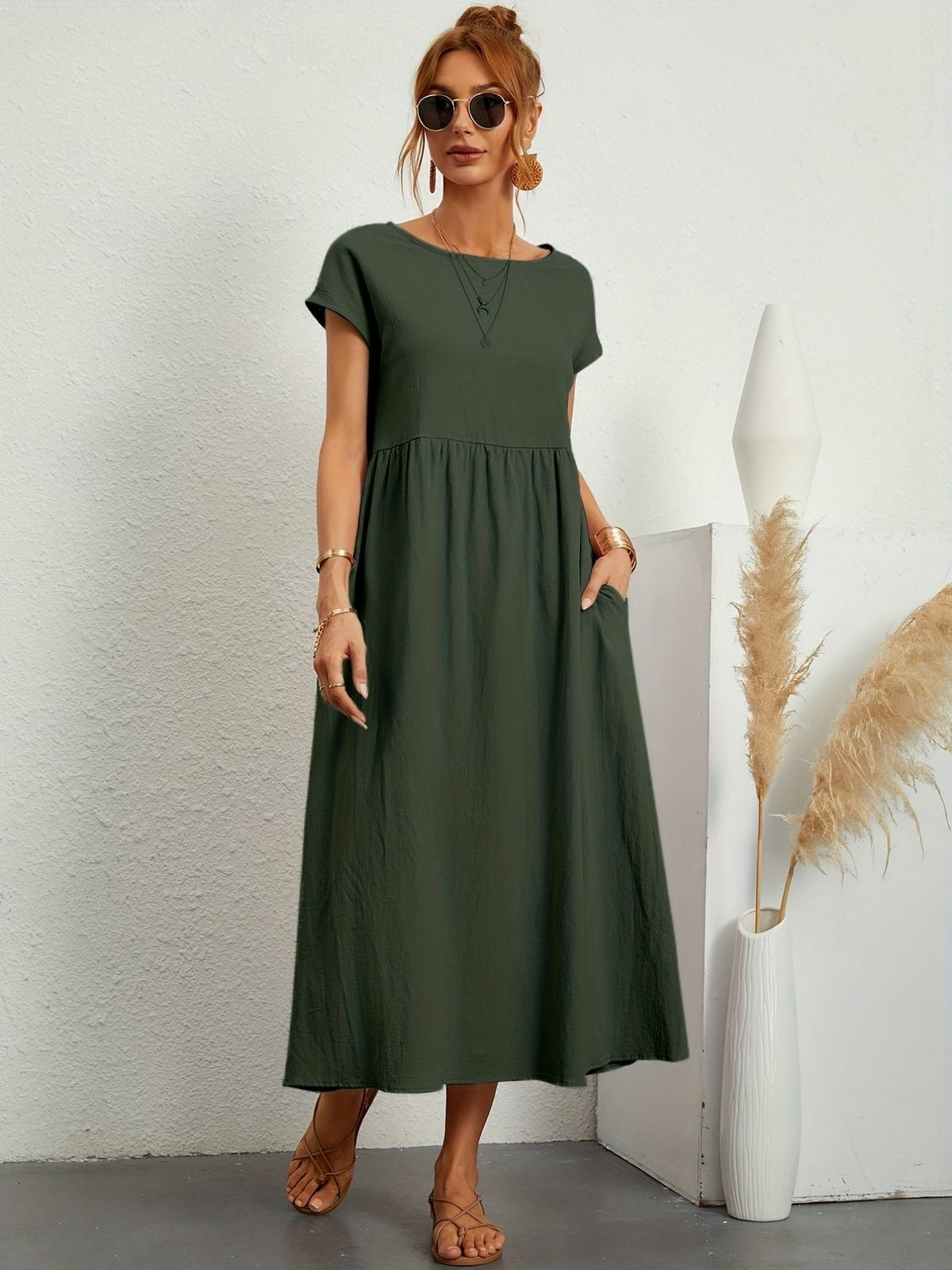Women's Midi Dress Short Sleeves Side Pockets