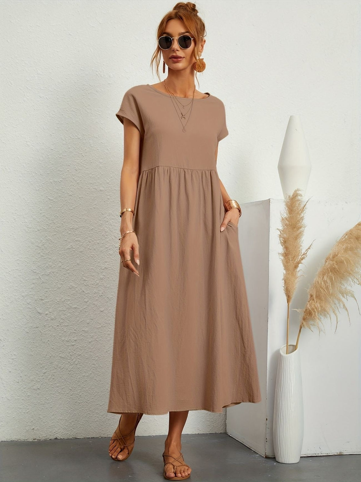 Women's Midi Dress Short Sleeves Side Pockets