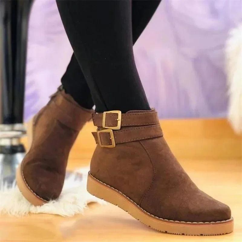 Women's Double Buckle Ankle Boots Flat Style