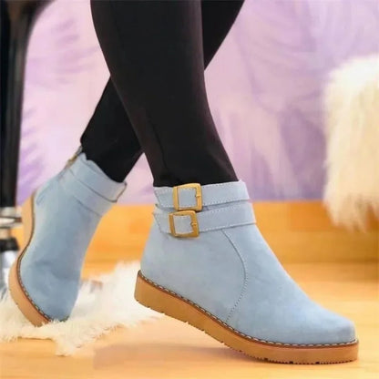 Women's Double Buckle Ankle Boots Flat Style