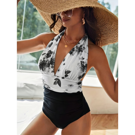 Women's Halter Swimsuit Floral Print Deep V-Neck One Piece