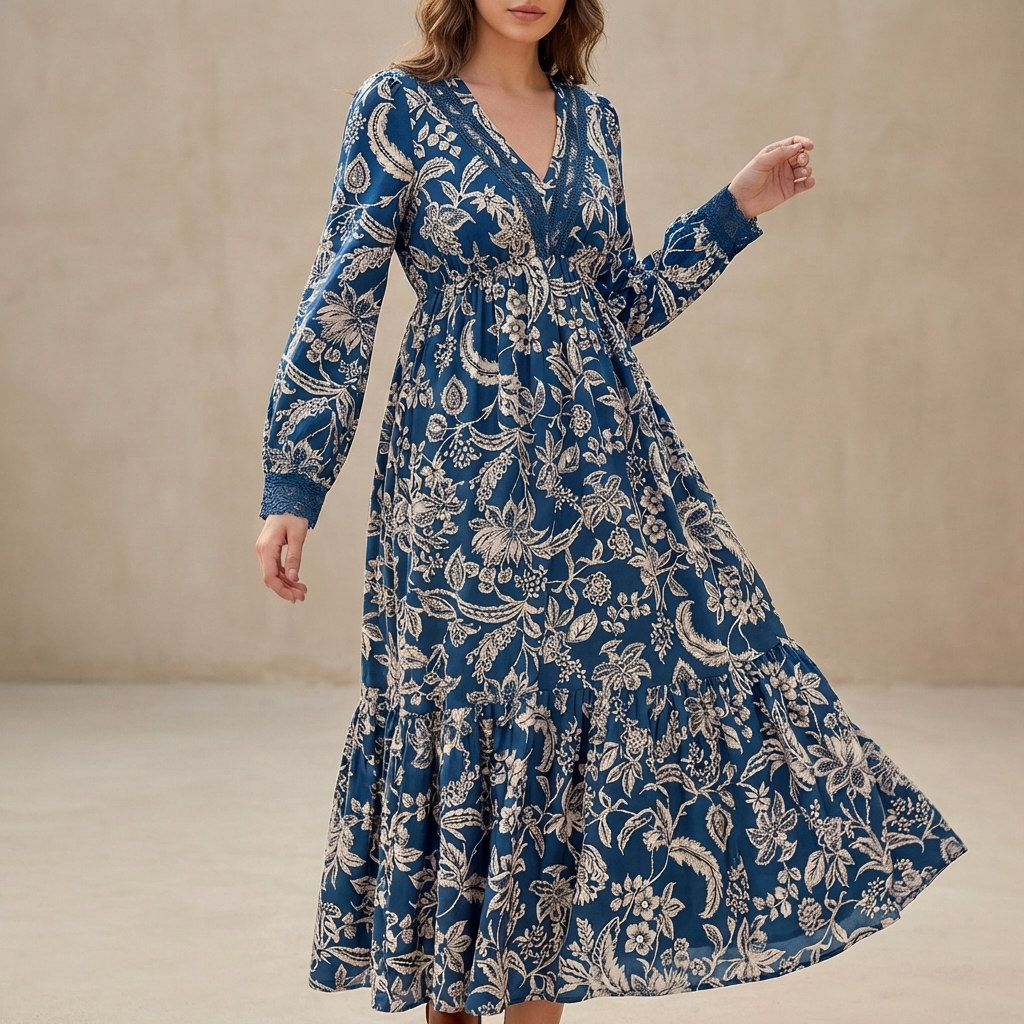 Women's V-Neck Maxi Dress Lace Trim Tiered Skirt