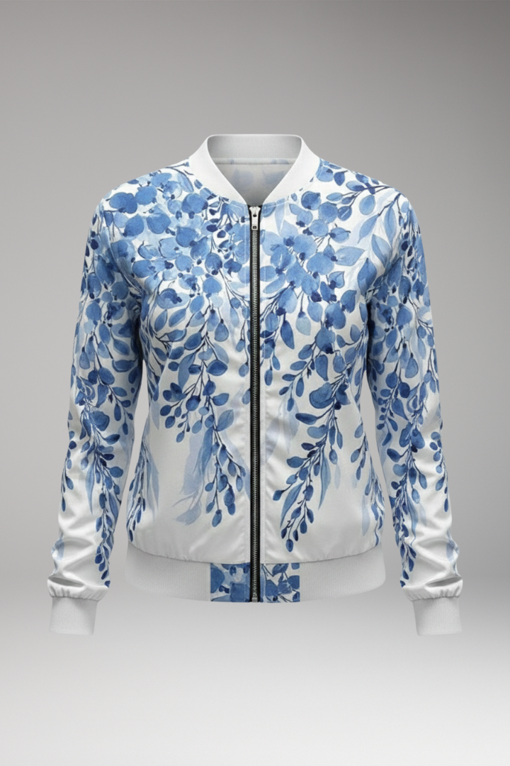 Women's Floral Bomber Jacket Zip Ribbed Hem