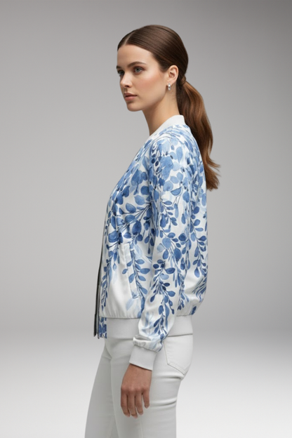Women's Floral Flight Jacket Zip Ribbed Hem