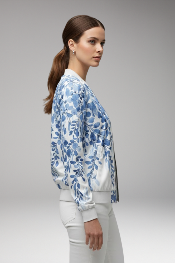 Women's Floral Flight Jacket Zip Ribbed Hem