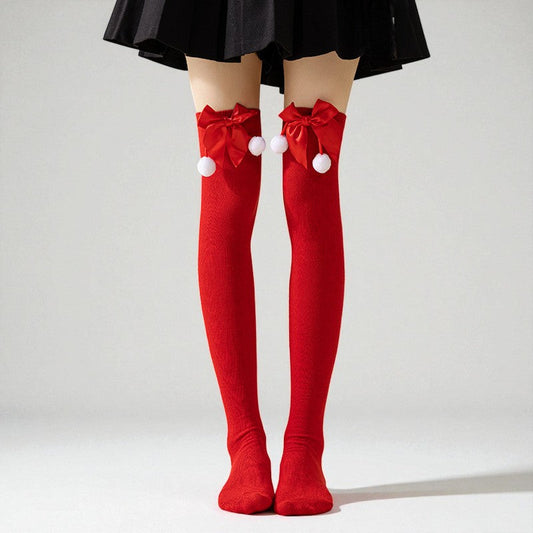 Women's Christmas Over The Knee Socks Pom Pom Red