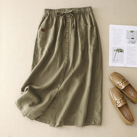 Women's Linen Midi Skirt Button Front Pockets Beige