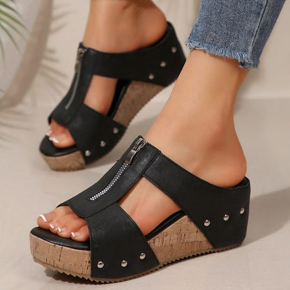 Women’s Comfort Wedge Sandals with Front Zipper