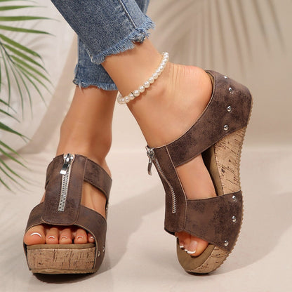 Women’s Comfort Wedge Sandals with Front Zipper
