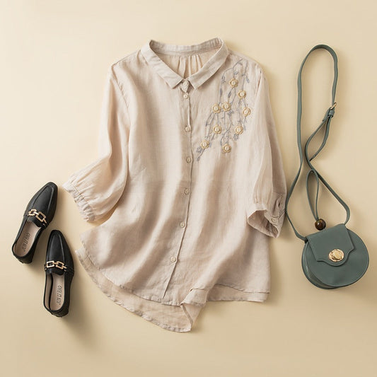 Women's Embroidered Linen Blouse Curved Hem