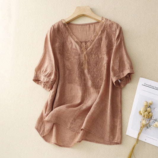 Women's Linen Blend Short Sleeve Blouse Embroidered V-Neck