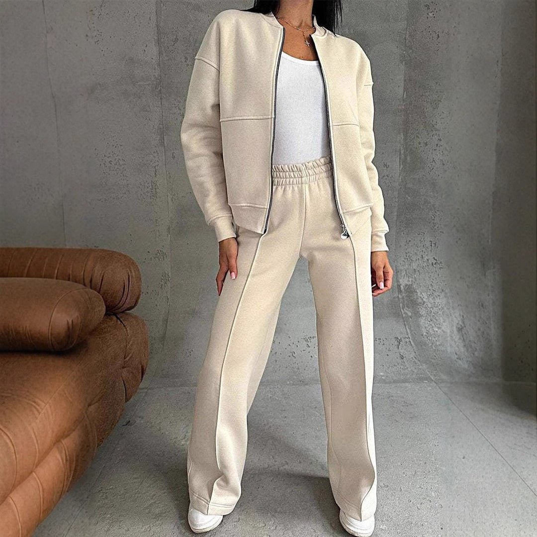 Women's Zipper Jacket And Wide Leg Pants Set