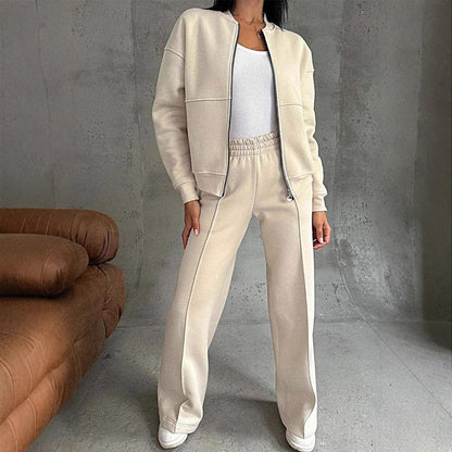 Women's Zipper Jacket And Wide Leg Pants Set