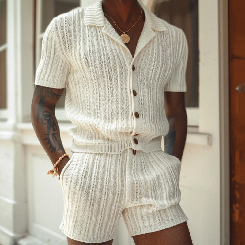 Men's Breathable Knit Shirt And Shorts Set Slim Fit Ribbed Texture