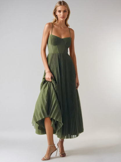Women's Pleated Maxi Dress Strappy Skirt