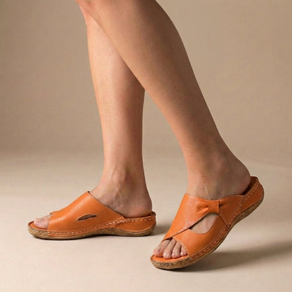 Leather Comfort Slip-On Sandals with Bow Detail
