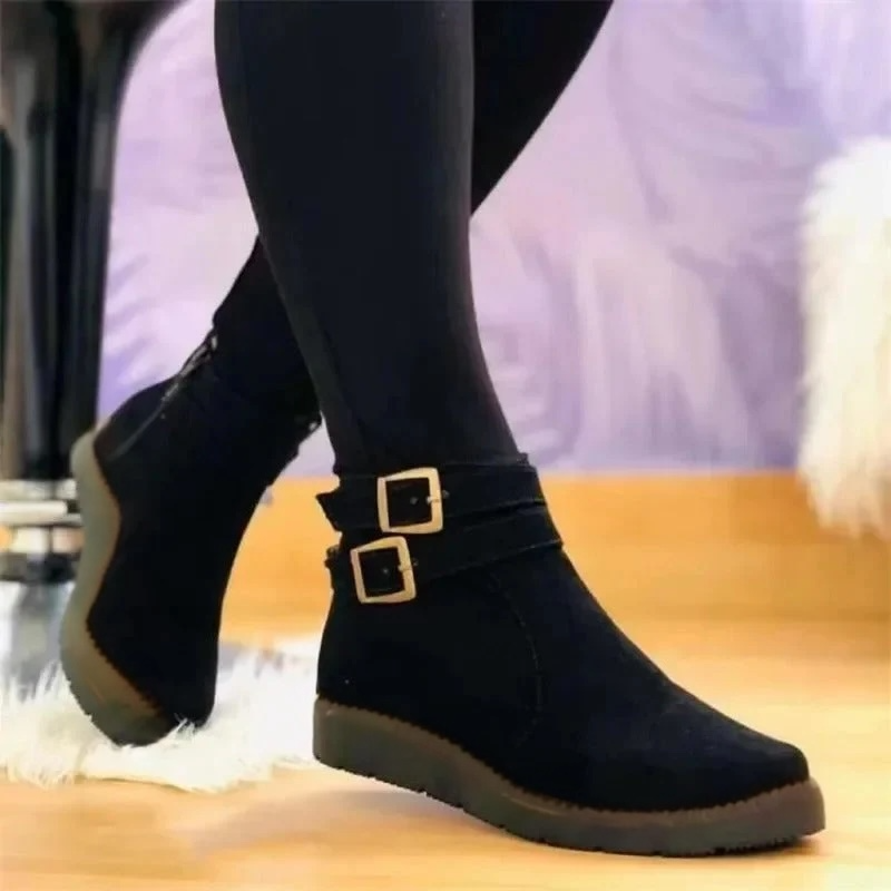 Women's Double Buckle Ankle Boots Flat Style