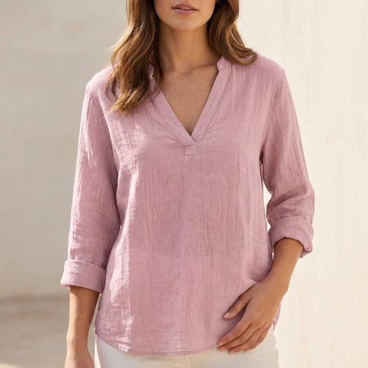 Women's Cotton Linen V-Neck Blouse Relaxed Fit