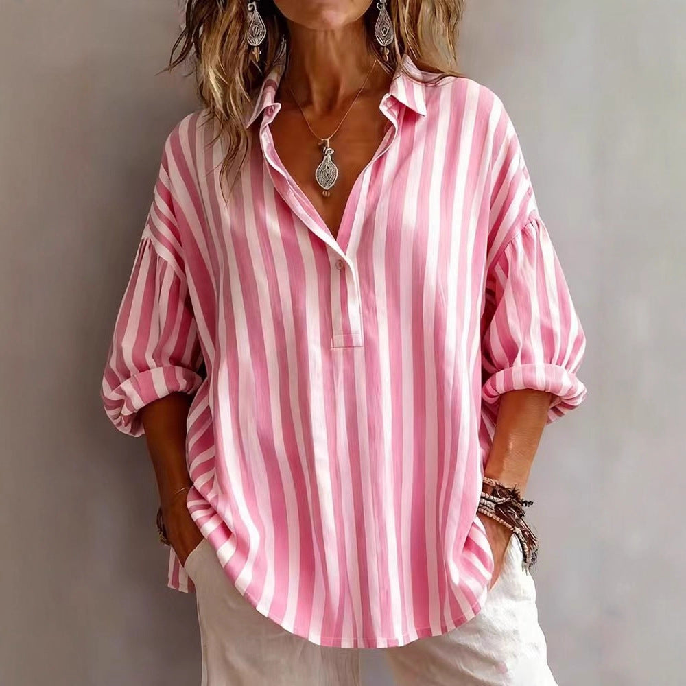 Women's Relaxed Fit Striped V-Neck Blouse 3/4 Sleeves