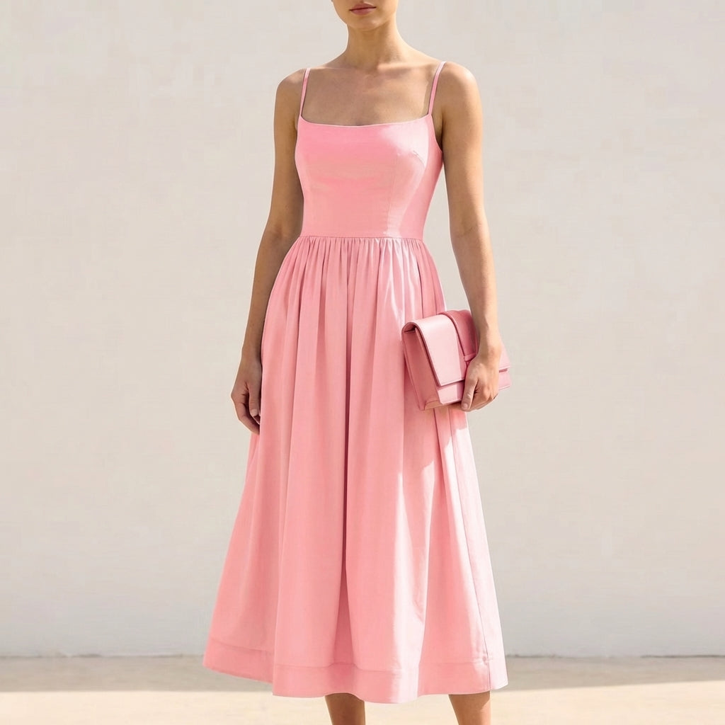 Women's Fitted A-Line Midi Dress Spaghetti Straps