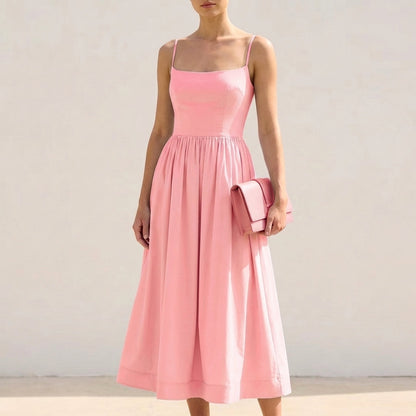 Women's Fitted A-Line Midi Dress Spaghetti Straps