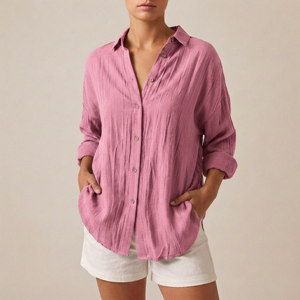 Linen Longline Shirt Relaxed Fit Pleated Button Up