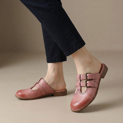 Women's Slip-On Mule Heels Double Buckle Strap Black