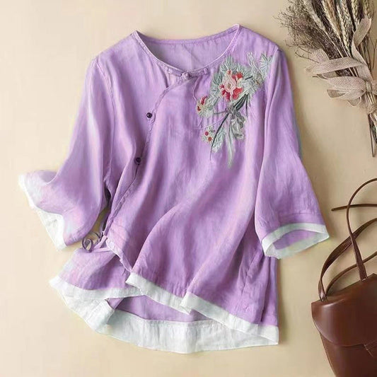 Women's Linen Blend Kimono Blouse Embroidered