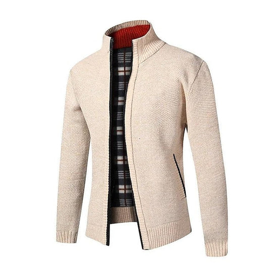Plaid-Lined Zip-Up Men’s Cardigan