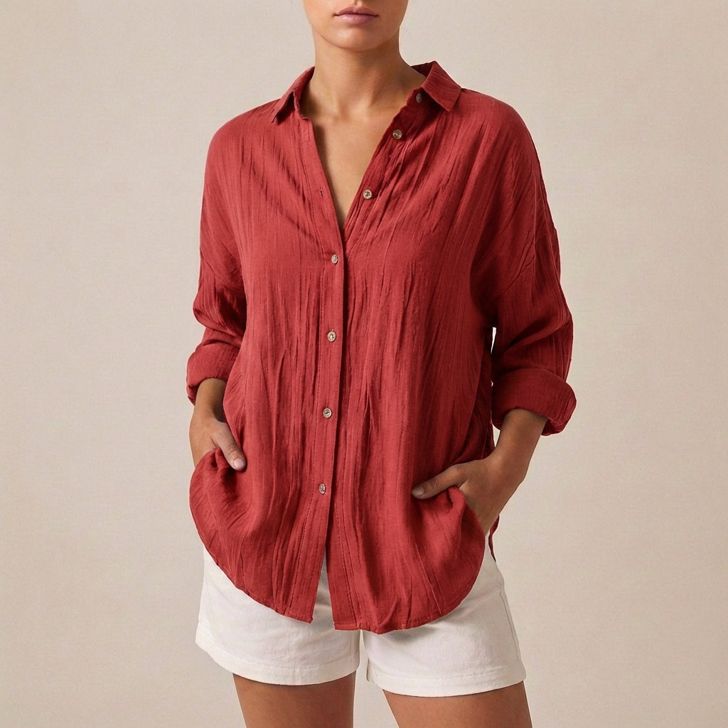 Linen Longline Shirt Relaxed Fit Pleated Button Up
