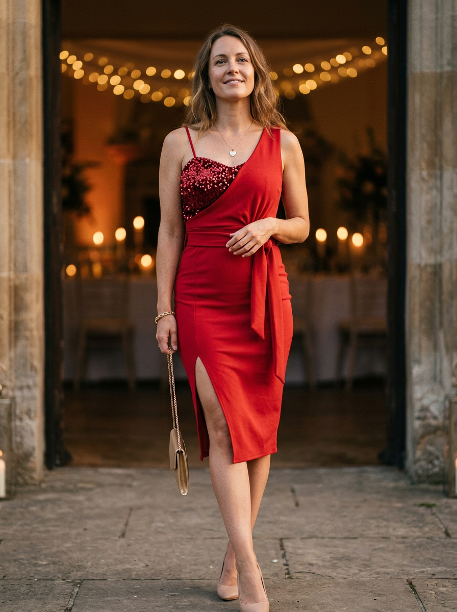 Women's Sequined Bodycon Dress Draped Bodice Slit