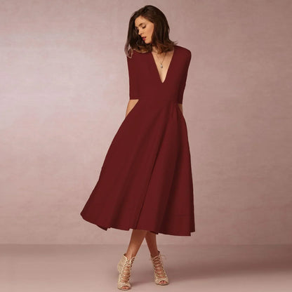 Women's Deep V-Neck Midi Dress Half Sleeves Flared Skirt