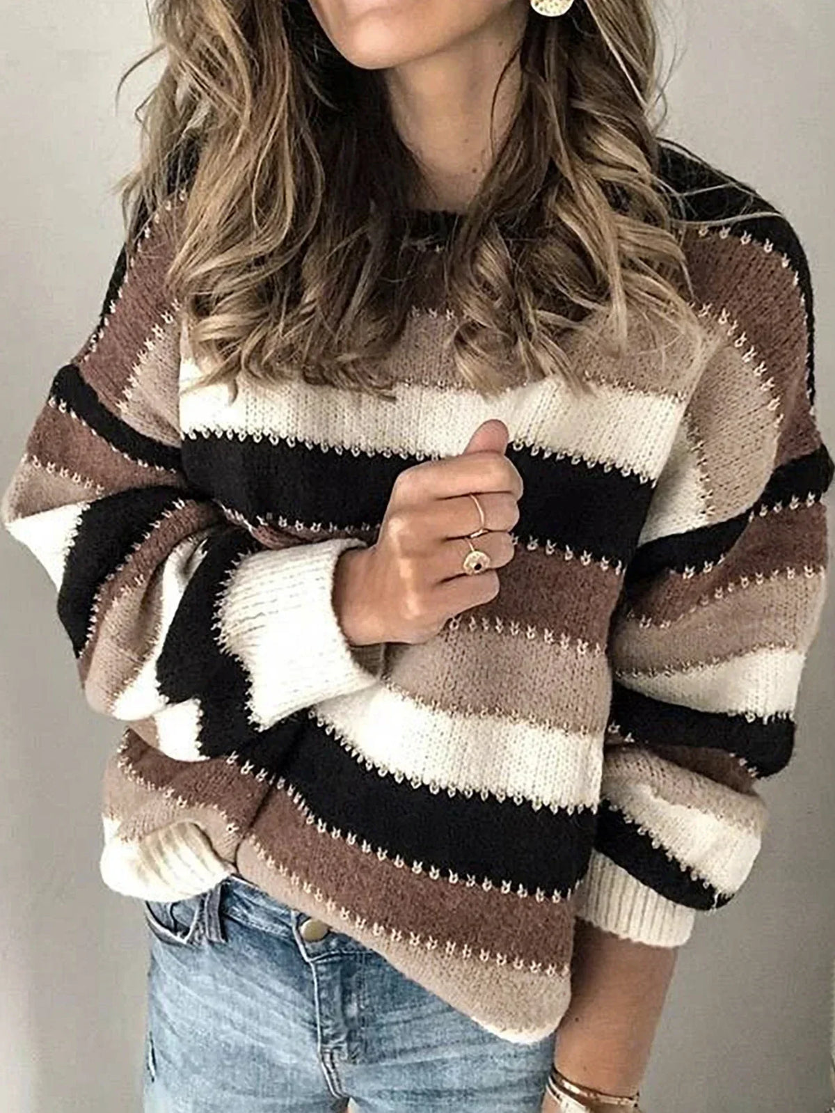 Women's Crew Neck Sweater Stripe Pattern