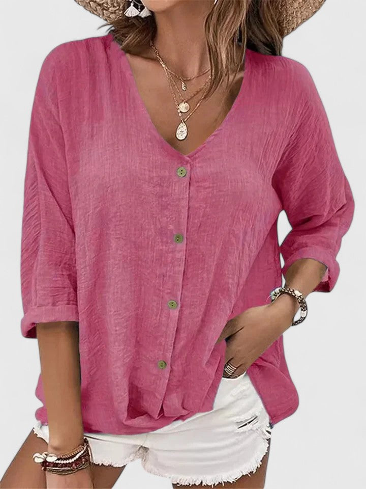 Relaxed Button-Front V-Neck Shirt