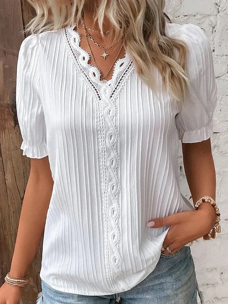 Women's Pintuck Blouse V Neck Short Sleeve