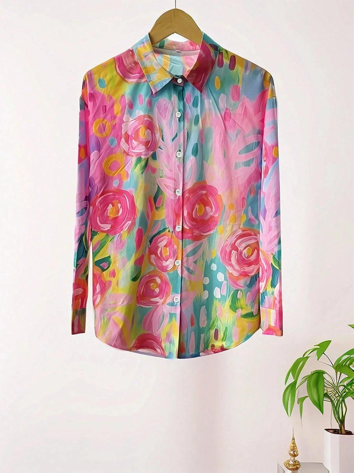 Women's Multicolor Print Blouse Cotton Button Front Rolled Sleeves