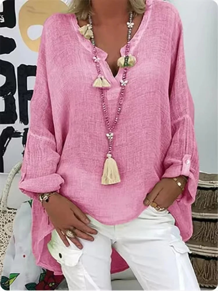 Women's V-Neck Blouse Rolled Sleeves