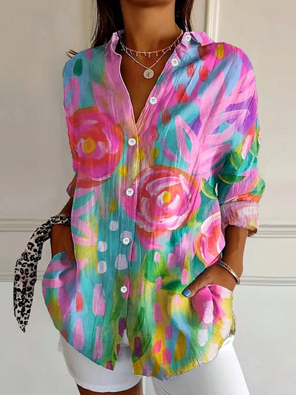 Women's Multicolor Print Blouse Cotton Button Front Rolled Sleeves