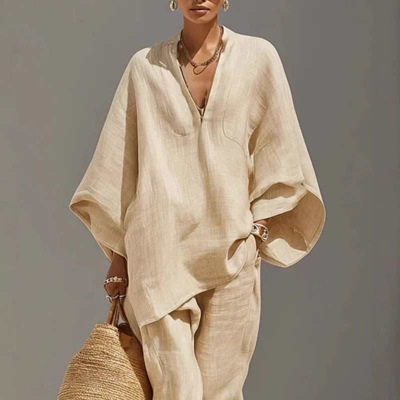 Cordella Women's Linen Pants Set Beige